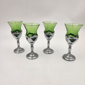Vintage Farber Bros NYC Chrome Green Glass Cordial Glasses Art Deco Set of 4